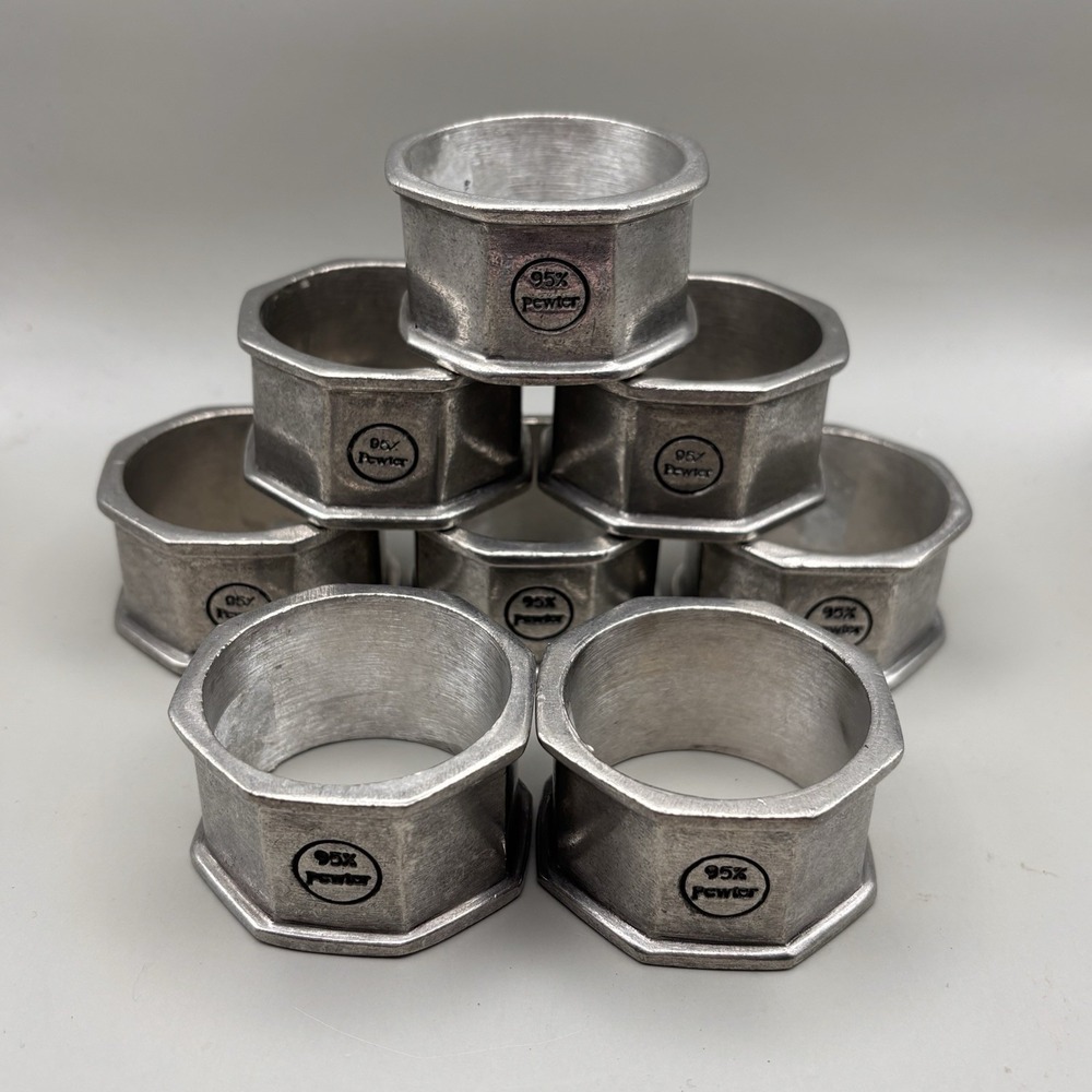 Set of 8 Metal Silver Napkin Rings Octagon Shaped 8 Sides Geometric 95% Pewter